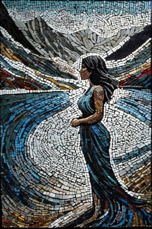 A glass mosaic of a beautiful woman stand with small lake and trees around in the foreground and high mountains  in the background,  dark palette,  high resolution and contrast and colour contrast,  intricately textured and extremely subtle detailed,  detailmaster2,  side-light,  epic view,  fine artwork ,DonMPl4sm4T3chXL ,colorful