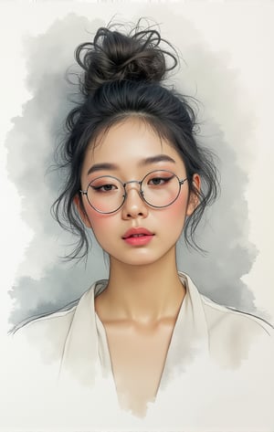 A watercolor sketch of a young korean  lady with a dramatic pose. She has a calm, introspective expression and wears large round glasses. Her hair is styledin a messy bun. The background is a foggy grey. The artworkis rough and dynamic, with visible sketch lines and unfinished elements. The color palette is soft and light. The overall mood is serene and reflective.,Details 