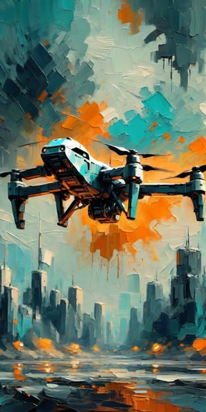 "The overall effect is a blend of impressionism and abstraction, creating a rich, immersive setting that complements the selective focus on a military drone hovering in the air. The scene should feature an impressionist selective focus on the drone. In contrast, the background should transition into an abstract, painterly environment. The atmosphere should be hazy and diffuse, contributing to an ethereal and somewhat dystopian feel. Indistinct forms and shapes in the background should suggest an accident, possibly people, rendered in a loose, impressionistic style to emphasize mood and atmosphere over detailed realism. Use a muted Cinematic Palette with cooler tones such as blues, teals, and orange to create depth and atmosphere. Use muted shades of earthy tones to depict worn, weathered and aged appearances. Use muted accents like rusty orange-yellows, and rusty teals to highlight tiny areas and add visual interest. Use this blend of subdued and bold colors to emphasize the gritty nature of the scene.",palette knife painting