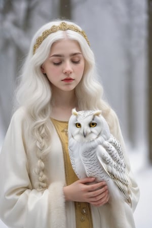 A 16 year old girl with her white owl . White and gold hair, the girl is  close her eye to pray, (snow white owl) . Full body view.,style