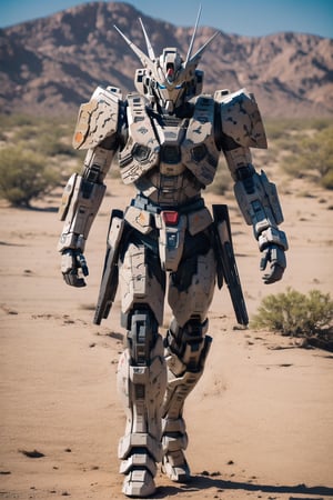gundam giant, RX-79, The 08th MS Team scenes, desert, brown CAMOUFLAGE army, walking. Scouting,ready to shoot.