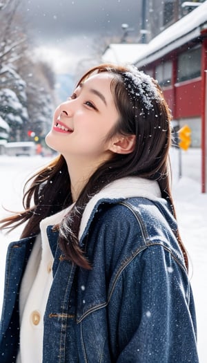 cute girl, long hair, fashion coat, pink winter coat, Jeans, standing looking up at the sky as snow is falling, winter city, cloudy, 4K, ultra HD, RAW photo, realistic, masterpiece, best quality, beautiful skin, white skin, 50mm, medium shot, outdoor, half body, photography, Portrait, ,chinatsumura, high fashion, snowflakes,laugh shy smile