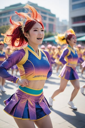 A Korean Sweet cheerleading team, dressed in vibrant, intricately designed uniforms, performs a high-energy dance routine within a bustling city square. The atmosphere is electric as they cheer on the finishers of a prestigious bicycle race, their dynamic poses and synchronized movements drawing in the crowd. Against a bright blue sky with fluffy white clouds, the team's radiant smiles and bold makeup shine like beacons. Photorealistic details capture every texture, from the uniforms' sparkly fabric to the cyclists' sweat-drenched jerseys.