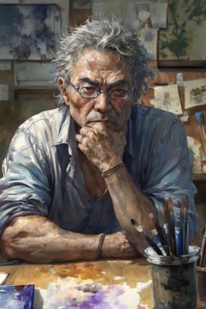 Hong Kong middle-aged man facing the camera, with messy hair, looking fierce, clear facial expression and rough skin texture, art, painting, texture, watercolor background, concept art,This man sitting at his desk, The work pressure is so great that I feel overwhelmed, I can’t bear the headache, and I’m sweating~~Ultra high definition, super realistic