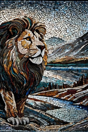 A glass mosaic of lion with small lake and trees around in the foreground and high mountains  in the background,  dark palette,  high resolution and contrast and colour contrast,  intricately textured and extremely subtle detailed,  detailmaster2,  side-light,  epic view,  fine artwork ,DonMPl4sm4T3chXL ,colorful
