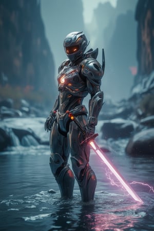 A 3D render of a futuristic robot in shimmering power armor standing alone in a river. The armor's metallic sheen glows with an otherworldly energy. The robot's helmeted head turns towards the viewer, its orange eyes aglow like hot coals. In one hand, it holds a katana, the blade emitting a soft hum of electricity. The simple, yet effective, design of the background allows the robot to take center stage in this striking science fiction masterpiece.,cyborg cyber warrior.,3dartCA