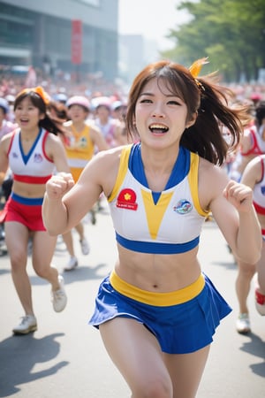 A korean Sweet cheerleader, colorful uniform, dancing cheer up the champion  at the finish of bicycle race., asian, asian face, photorealistic,JP_r_g, realistic