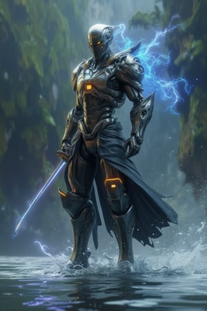 A 3D render of a futuristic robot in shimmering power armor standing alone in a river. The armor's metallic sheen glows with an otherworldly energy. The robot's helmeted head turns towards the viewer, its orange eyes aglow like hot coals. In one hand, it holds a katana, the blade emitting a soft hum of electricity. The simple, yet effective, design of the background allows the robot to take center stage in this striking science fiction masterpiece.,cyborg cyber warrior.,3dartCA