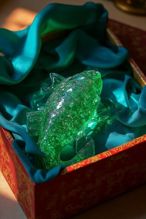 A traditional Chinese brocade box is opened, with a koi fish carved from emeralds supported by blue silk fabric.
The light penetrates the crystal fish body from the side, making it look very gorgeous and noble.