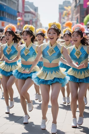 A Korean Sweet cheerleading team, dressed in vibrant, intricately designed uniforms, performs a high-energy dance routine within a bustling city square. The atmosphere is electric as they cheer on the finishers of a prestigious bicycle race, their dynamic poses and synchronized movements drawing in the crowd. Against a bright blue sky with fluffy white clouds, the team's radiant smiles and bold makeup shine like beacons. Photorealistic details capture every texture, from the uniforms' sparkly fabric to the cyclists' sweat-drenched jerseys.