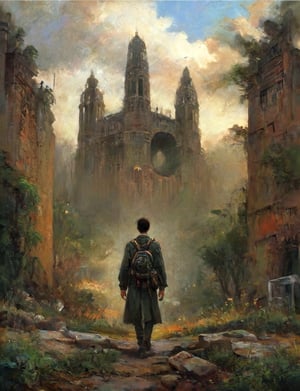 In a warm orange haze, a lone figure emerges against the reclaimed ruins of a city, now teeming with lush vegetation and vibrant greenery. The protagonist, a short-haired young man with bangs and piercings, stands tall, clutching a steel bottle in his hands. His dark-colored, post-apocalyptic attire is worn but determined expression shines through, framed by the bright blue noon sky with puffy white clouds. A small backpack adorns his back, symbolizing resilience and resourcefulness, set against the nostalgic charm of retro-illustration reminiscent of 1980s-1990s anime, as he surveys the revitalized landscape with his green eyes.