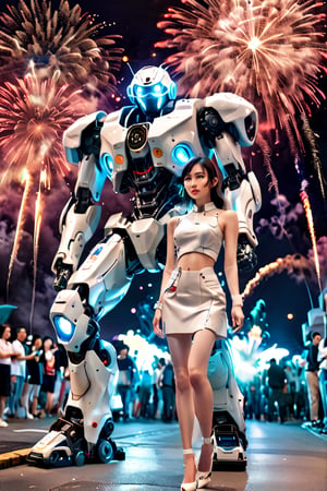 Entah apa konsepnya 😅
#Bing 

Prompt :
A beautiful Taiwanese girl (with clear facial features) wearing futuristic modern clothing, walking next to a robot warrior, with an old cyberpunk style, fighter jets opening, the entrance to the battle field, walkway, audience cheering, LED screen, fireworks, futuristic, hyper-realistic, cinematic, 8K,taiwan