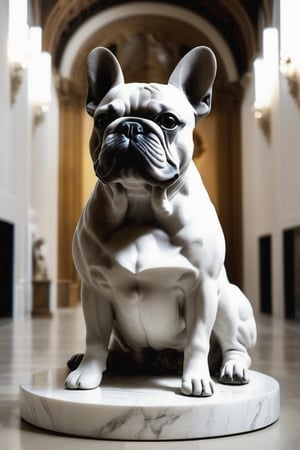 A big marble statue French bulldog display in the middle of a big art gallery, the statue is 2meter high, on a pillow