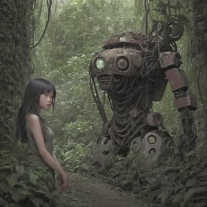 As a girl navigated the thick jungle, she suddenly stumbled upon a gigantic robot head on the ground, remnants of a war from eons ago. The robot head, rusted and overgrown with vines, bore deep scars and dents, telling tales of ancient battles long forgotten., asian