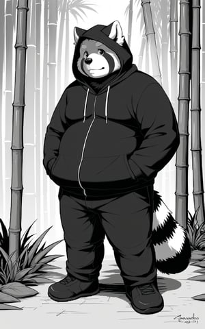 1_boy,Red Panda,Hoodies,Black and white,solo ,overweight,Bamboo