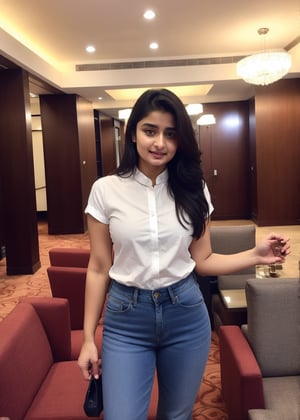 Lovely cute hot Alia Bhatt, acute an Instagram model 22 years old, full-length, long blonde_hair, black hair, winter, in five star hotel take tea , Indian, wearing a black jeans shirt, Lives text on top, thin shaped_body,