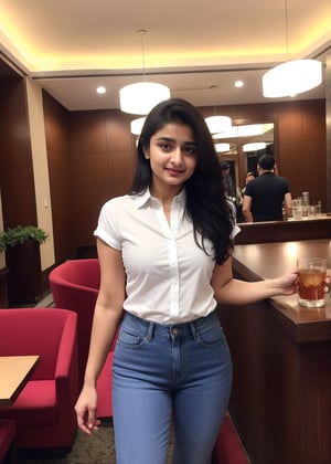 Lovely cute hot Alia Bhatt, acute an Instagram model 22 years old, full-length, long blonde_hair, black hair, winter, in five star hotel drink tea , Indian, wearing a black jeans shirt, Lives text on top, thin shaped_body,