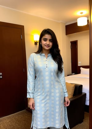 Lovely cute hot Alia Bhatt, acute an Instagram model 22 years old, full-length, long blonde_hair, black hair, Black dress, in Five Star hotel, Indian, wearing a Pakistai dress Kurti pajama, Lives text on top, thin shaped_body,