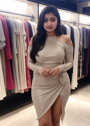 Lovely cute hot Alia Bhatt, acute an Instagram model 23 years old, full-length, long blonde_hair, black hair, winter, on a shopping Mal, Indian, wearing a sexy dress, Lives text on top, thin shaped_body,