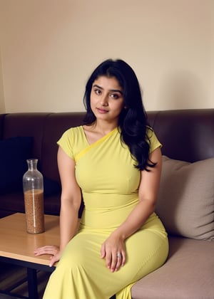 Lovely cute hot Alia Bhatt, acute an Instagram model 23 years old, full-length, long blonde_hair, black hair, winter, on coffee table, Indian, wearing yellow dress, Lives text on top, thin shaped_body,