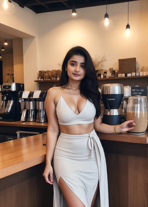 Lovely cute hot Alia Bhatt, acute an Instagram model 22 years old, full-length, long blonde_hair, black hair, winter, on a  coffee shop, Indian, wearing a Indian dress, Lives text on top, thin shaped_body,