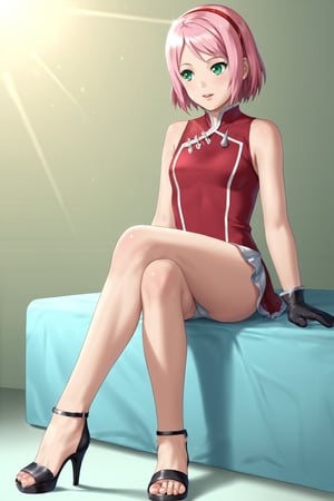 (masterpiece, best quality), (high detailed skin, detailed eyes:1.1), 

Sakura Haruno, pink hair, green eyes, detailed eyes 8k uhd, soft lighting, intricate details, best quality, grain, 1girl,  full body view, long legs, small feet,

sexy,  black Peep Toe Knee High Boots, detailed boots,red sleeveless dress, black footwear, black, gloves, high heel boots, open toe footwear,

in her bedroom, look to the camera, sensual pose,her foot on a cock doing a footjob slowly wearing boots,