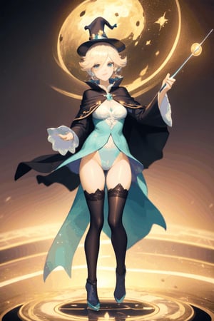 a magic aura around her, magic wand, at space, green eyes, silver brown hair, floating, dropping sleeves, fantasy mini dress, cards, female magician leotard, frills, short hair, brown boots, thigh_highs, purple outfits, black cloak, smile, magic, magician hat, lace_trim,Princess Rosalina