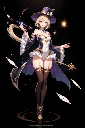 a magic aura around her, magic wand, at space, green eyes, silver brown hair, floating, dropping sleeves, fantasy mini dress, cards, female magician leotard, frills, short hair, brown boots, thigh_highs, purple outfits, black cloak, smile, magic, magician hat, lace_trim