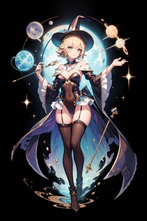 a magic aura around her, magic wand, at space, green eyes, silver brown hair, floating, dropping sleeves, fantasy mini dress, cards, female magician leotard, frills, short hair, brown boots, thigh_highs, purple outfits, black cloak, smile, magic, magician hat, lace_trim