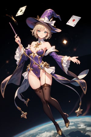 a magic aura around her, magic wand, at space, green eyes, silver brown hair, floating, dropping sleeves, fantasy mini dress, cards, female magician leotard, frills, short hair, brown boots, thigh_highs, purple outfits, black cloak, smile, magic, magician hat, lace_trim