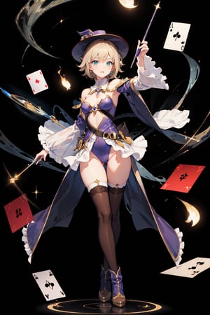 a magic aura around her, magic wand, at space, green eyes, silver brown hair, floating, dropping sleeves, fantasy mini dress, cards, female magician leotard, frills, short hair, brown boots, thigh_highs, purple outfits, black cloak, smile, magic, magician hat, lace_trim