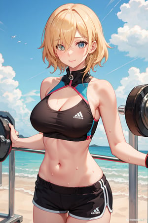 at outdoor gym, blue eye, hair over one eye, covered eye, blonde hair, perfect hands, short hair,SportAi, blush, smile, closed mouth, sweat, sweatdrop, large breasts, breasts,navel, cleavage, thighs, shorts, midriff, stomach, crop top, short shorts, black shorts, clothes writing, sports bra, dolphin shorts,upper body, looking at viewer, dumbbell