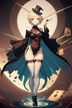 a magic aura around her, magic wand, at space, green eyes, silver brown hair, floating, dropping sleeves, fantasy mini dress, cards, female magician leotard, frills, short hair, brown boots, thigh_highs, purple outfits, black cloak, smile, magic, magician hat, lace_trim,Princess Rosalina