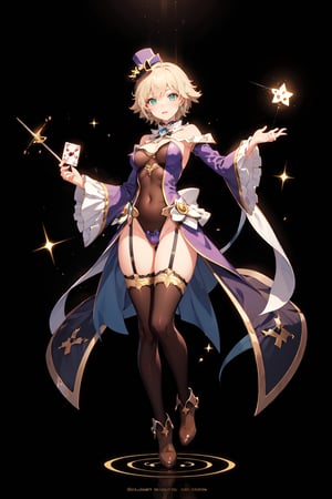 a magic aura around her, magic wand, at space, green eyes, silver brown hair, floating, dropping sleeves, fantasy mini dress, cards, female magician leotard, frills, short hair, brown boots, thigh_highs, purple outfits, black cloak, smile, magic, magician hat, lace_trim