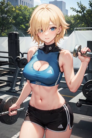 at outdoor gym, blue eye, hair over one eye, covered eye, blonde hair, perfect hands, short hair,SportAi, blush, smile, closed mouth, sweat, sweatdrop, large breasts, breasts,navel, cleavage, thighs, shorts, midriff, stomach, crop top, short shorts, black shorts, clothes writing, sports bra, dolphin shorts,upper body, looking at viewer, dumbbell