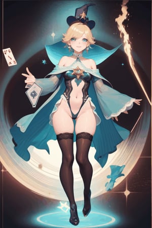 a magic aura around her, magic wand, at space, green eyes, silver brown hair, floating, dropping sleeves, fantasy mini dress, cards, female magician leotard, frills, short hair, brown boots, thigh_highs, purple outfits, black cloak, smile, magic, magician hat, lace_trim,Princess Rosalina