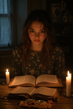 In a dimly lit room, a focused teenage girl finds solace as she reads an intriguing book placed before her on a wooden table. The flickering candlelight casts a warm, intimate glow across her face, highlighting her curiosity as she turns each page. On the table, a few more candles stand guard, their flames dancing and casting elongated shadows across the worn-out book cover. The atmosphere is hushed, with the only sound being the occasional crackle from the candles and the rustle of the pages. The soft illumination creates an ambience of quiet contemplation, as if the entire room has been swallowed by the stories she's exploring. Time seems to stand still, as the world outside the candlelight's embrace fades into the background of her literary adventure.