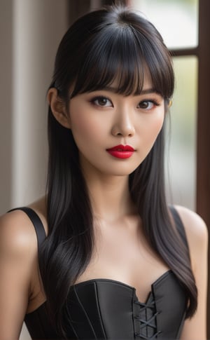  close-up photo of an East Asian woman with long black hair and bangs, wearing a black corset. She has a serene expression with almond-shaped eyes, soft lips with a touch of red lipstick, and smooth, fair skin with a hint of natural glow. Her makeup includes subtle eyeshadow, mascara, and a light blush enhancing her cheekbones. Her hand is delicately placed near her shoulder, showcasing manicured nails. She is standing near a softly lit window, with gentle natural light highlighting her features. The background is slightly blurred, focusing on her face and upper body. BREAK high-resolution camera, close-up lens, natural lighting, modern realism, soft shadows, intimate setting, hd quality, natural look --ar 16:9 --v 6.0