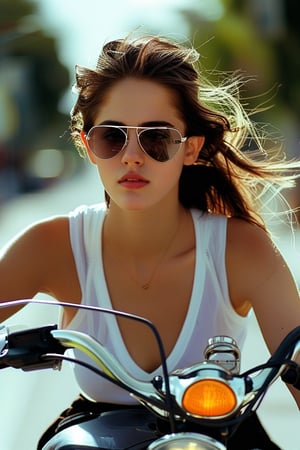 a young beautiful girl,20yo,detailed exquisite face,soft shiny skin,perfect female form,looking at viewer,wearing sunglasses,Kristen Stewart lookalike,Riding a motorbike, wind in hair,city street or countryside road, dynamic pose, focused expression,realistic,detailed
