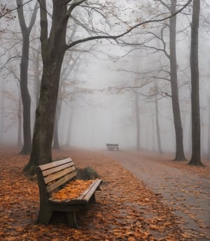 Winter scene: a wooden bench nestled among several trees, with fallen leaves scattered across the ground. The air is thick with misty fog, casting an eerie veil over the tranquil atmosphere.