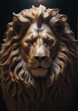 A surreal scene unfolds: a person's face (you) is transformed into a majestic lion's head, with a regal mane and piercing eyes. The unexpected metamorphosis takes place in a darkened room, lit only by a single, flickering candle, casting eerie shadows on the walls.