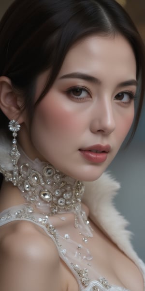 hot sexy female model, wearing ornate body jewelery suit. soft silky cat fur,  glamour shot, diamond lights, face close up, 4k, ultra sharp, ultra detail
,REALISTIC,yui