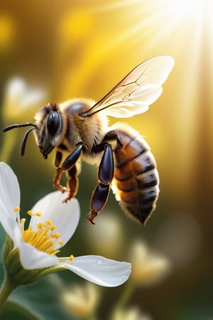 A majestic honeybee perches delicately on a vibrant yellow and white flower, its translucent wings glistening in the warm sunlight that casts a gentle glow on the petals. The bee's furry body blends seamlessly with the surrounding foliage as it collects nectar from the flower's center. The 8K resolution captures every intricate detail of the natural scene, from the delicate pollen grains to the soft focus of the blurred background.