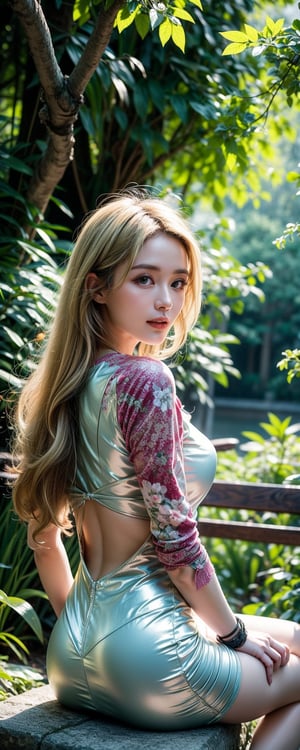 A serene setting: A lovely blonde woman sits amidst a whimsical garden, surrounded by delicate white flowers. She poses elegantly on a stone bench, her long hair cascading like a golden waterfall down her back. Soft sunlight filters through the leafy canopy above, casting a warm glow upon her porcelain skin.