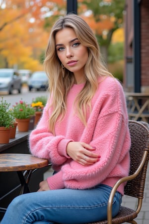 illustration of a beautiful woman with blond middlelength straigth hai, wear a pink glitter Very Fuzzy Very Fluffy Mohair Sweater and a denim pant, sit outside in a cafe in a beautiful autumn landscape, vibrant colors, ultra sharp and clear, high contrast, style by Milo Manara+Carne Griffiths