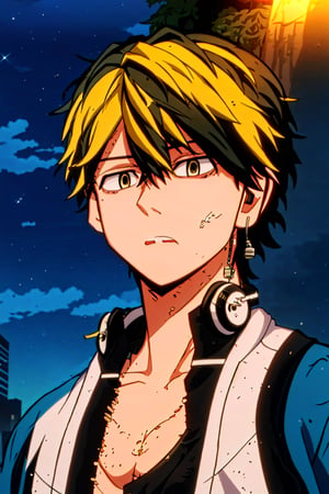 1boy,Sage_Skyfall,kazutora_hanemiya, anime style boy, brown eyes, he has headphones on, his hair is black with blue highlights, his hair falls on his forehead, he has a white tank top and a badly worn blue solor jacket, behind him is a city of night but illuminated