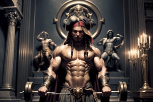 A powerful figure similar to CAPTAIN JACK SPARROW, bronzed from toil, stands resolute amidst a backdrop of ancient grandeur. The muscular MAN, BIKINI and unyielding, grasps a colossal dumbbell, intricate carvings reminiscent of Renaissance masterpieces. Leonardo Davinci,oil painting,renaissance,masterpiece DYNAMIC POSE, SWEATING, WORKING OUT