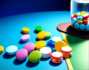 Medical pills of different shapes and colors are neatly arranged on a table. Disney Pixar style, 3D, 4K.
