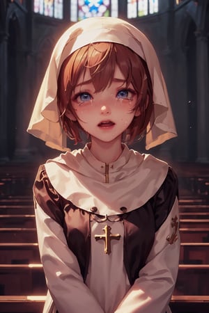 1girl, cute, st3llarlilly, crying_tears, short hair,nun_clothing,  pray, exposed_face, church,looking_at_the Virgin Mary