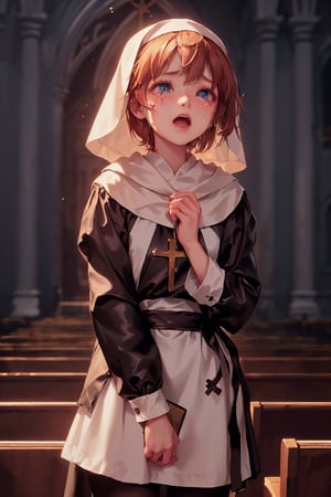 1girl, cute, st3llarlilly, crying_tears, short hair,nun_clothing,  pray, exposed_face, church